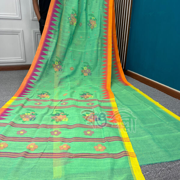 Green Color Monipuri Saree with Orange and Yellow Borders